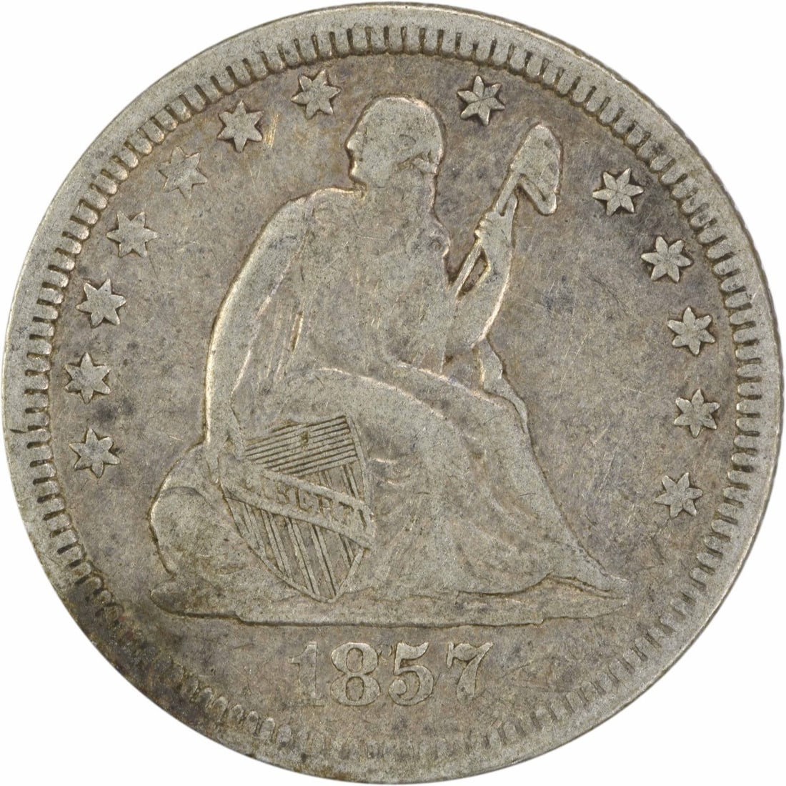 1857 Liberty Seated Quarter 90% Silver Uncertified: 1857 Liberty Seated Quarter 90% Silver Uncertified This 1857 Liberty Seated Silver Quarter is a collectible piece of American numismatic history. Struck in Philadelphia, it features the iconic Seated 