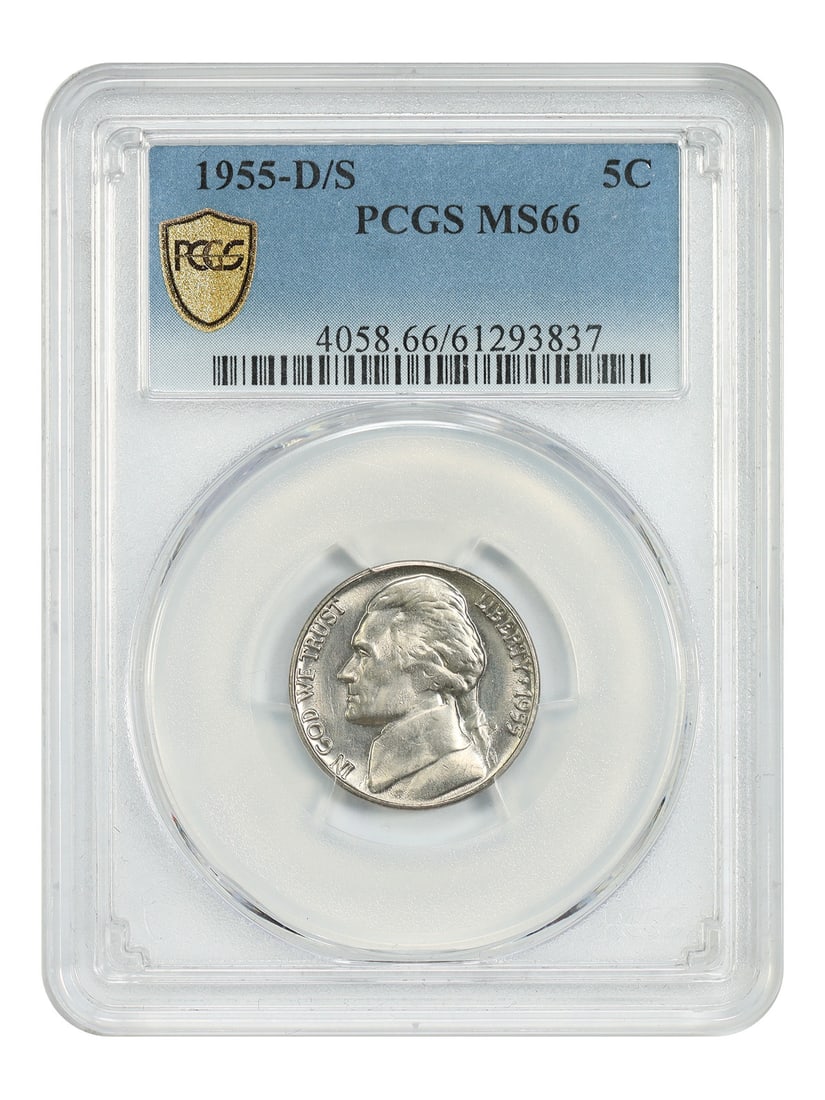 PCGS MS66 1955 Denver Over San Francisco Jefferson Nickel: PCGS MS66 1955 Denver Over San Francisco Jefferson Nickel This 1955-D/S Jefferson Nickel features a prominent repunched mintmark, with the underlying serif of the "S" visible north of the "D." Graded 