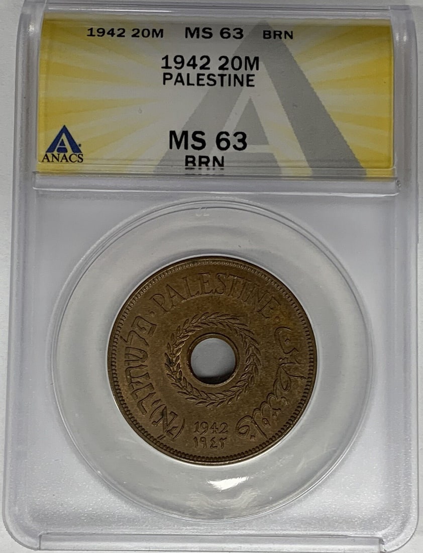 1942 Palestine 20 Mils ANACS MS 63 Brown Certified Coin: 1942 Palestine 20 Mils ANACS MS 63 Brown Certified Coin This is a 1942 Palestine 20 Mils coin, certified by ANACS with a grade of MS 63 and a BN (brown) color designation. The coin is in pre-owned con