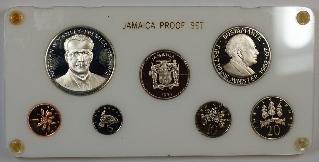 Jamaica 1971 Proof Seven Coin Set Silver Copper-Nickel in Presentation Holder: Jamaica 1971 Proof Seven Coin Set Silver Copper-Nickel in Presentation Holder This 1971 Jamaica 7 Coin Proof Set features uncirculated coins in a deluxe plastic holder. The set includes various denomi