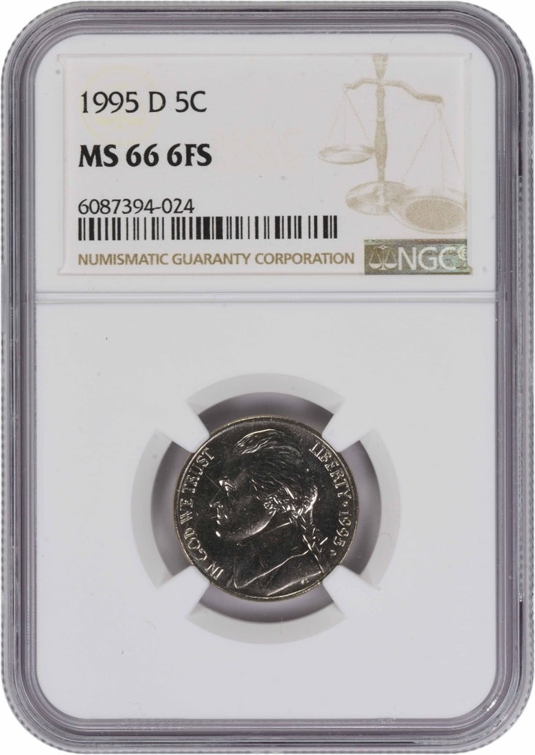 NGC MS66 1995 Denver Jefferson Nickel 6 Full Steps Certified: NGC MS66 1995 Denver Jefferson Nickel 6 Full Steps Certified This is a 1995-D Jefferson Nickel graded MS66 with 6 Full Steps designation by NGC. The coin is uncirculated and was minted in Denver. It i