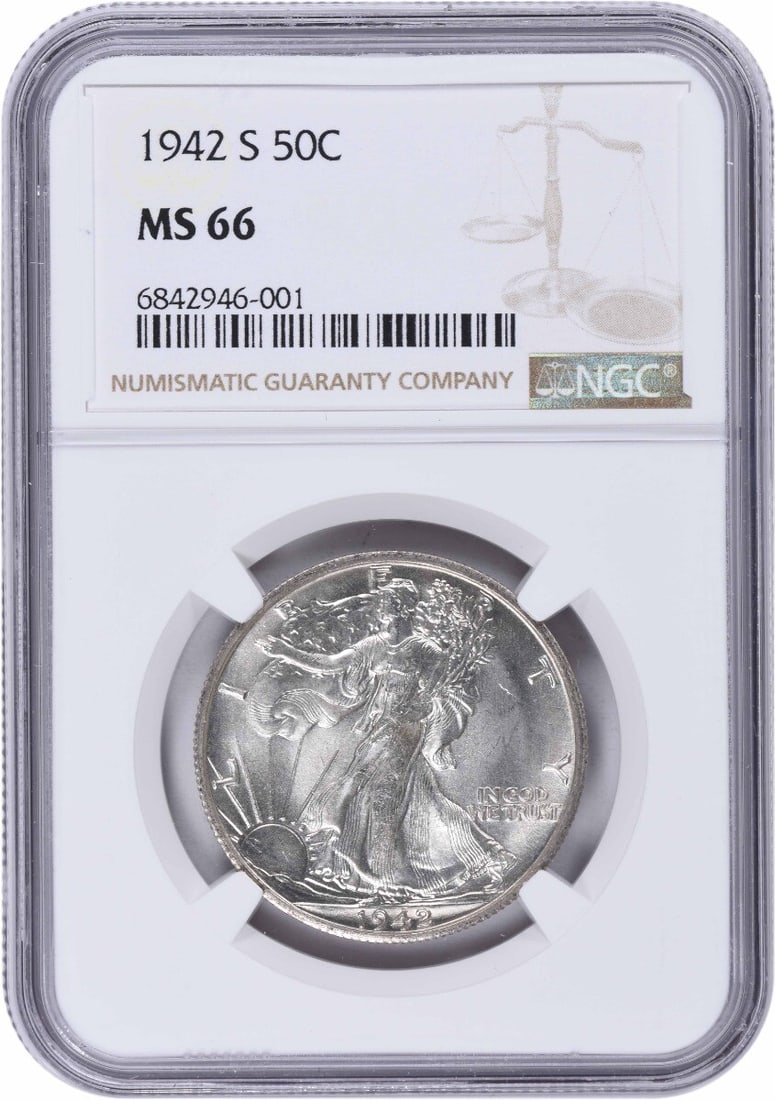NGC MS66 1942-S Liberty Walking 50C 90 Percent Silver Half Dollar: NGC MS66 1942-S Liberty Walking 50C 90 Percent Silver Half Dollar This 1942-S Walking Liberty Half Dollar is certified MS66 by NGC. Struck in the United States, the coin is composed of 90% silver and 