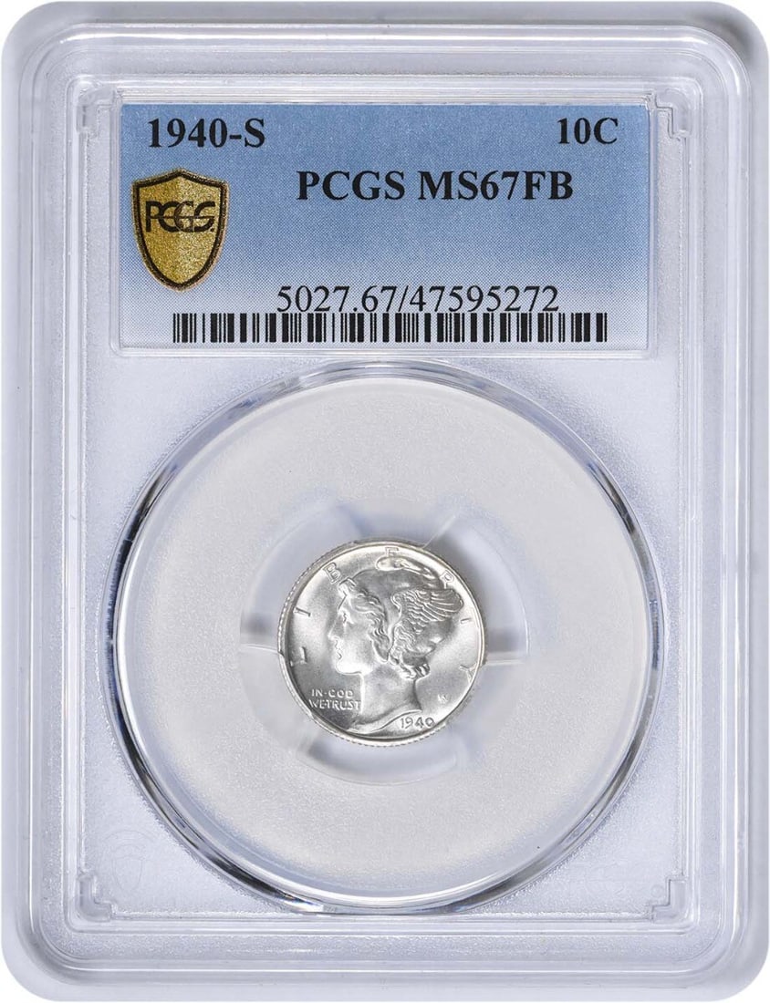 MS67FB PCGS Certified 1940-S Mercury Silver Dime Uncirculated: MS67FB PCGS Certified 1940-S Mercury Silver Dime Uncirculated This is a 1940-S Mercury Dime from the United States, featuring a silver composition. The coin is uncirculated and certified by PCGS with 