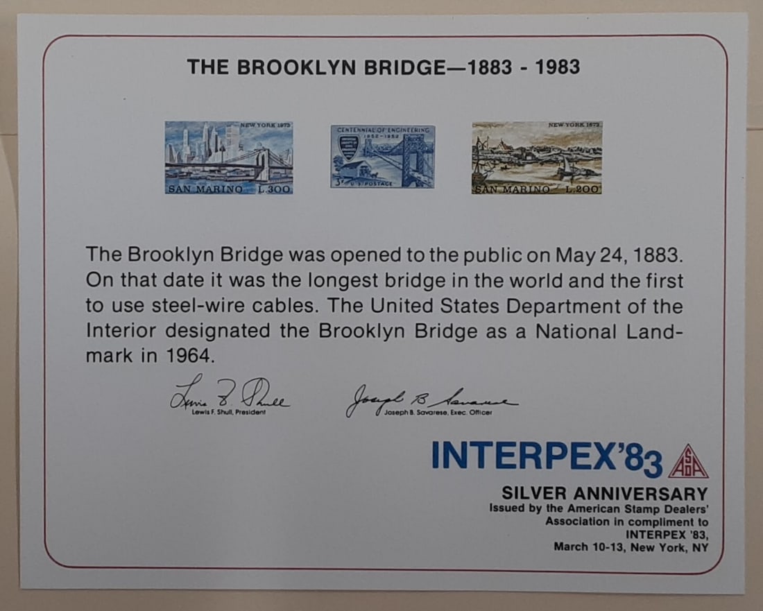 Interpex 1983 ASDA Brooklyn Bridge Centennial Architecture Souvenir Card: Interpex 1983 ASDA Brooklyn Bridge Centennial Architecture Souvenir Card This ASDA souvenir card was issued at Interpex 1983 in New York City to commemorate the centennial of the Brooklyn Bridge. It f