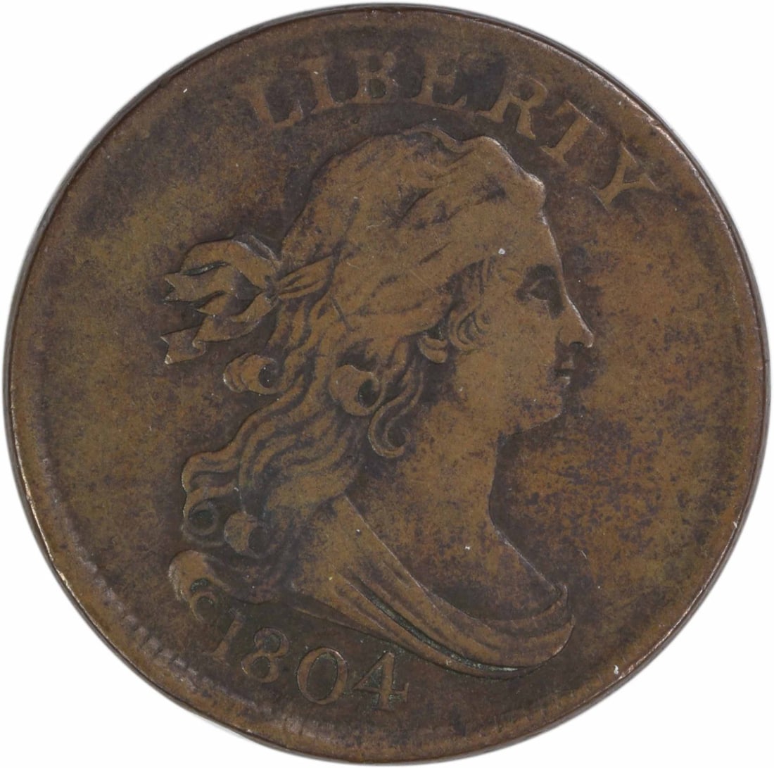 Draped Bust 1804 Half Cent Crosslet 4 Stems Copper Coin VF Philadelphia: Draped Bust 1804 Half Cent Crosslet 4 Stems Copper Coin VF Philadelphia This 1804 Draped Bust Half Cent features the Crosslet 4 Stems variety. Graded VF, this circulated coin was minted in Philadelphi