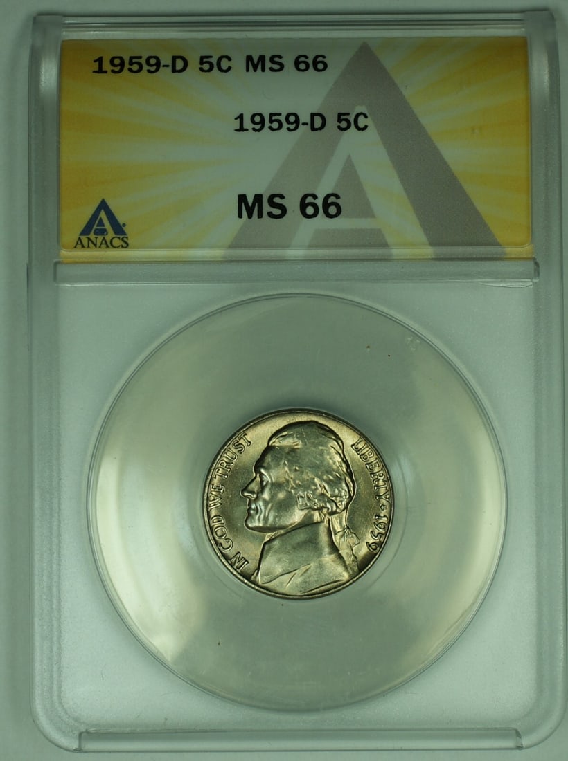 ANACS MS 66 1959-D Jefferson 5C Nickel United States Uncirculated: ANACS MS 66 1959-D Jefferson 5C Nickel United States Uncirculated This is a 1959-D Jefferson Nickel from the United States, featuring a denomination of 5 cents. The coin is uncirculated and has been p