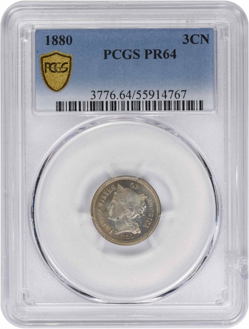 1880 Proof Three Cent Nickel Coin PCGS PR64 Certified: 1880 Proof Three Cent Nickel Coin PCGS PR64 Certified This 1880 Three Cent Nickel coin is a proof strike graded PR64 by PCGS. Composed of 75% copper and 25% nickel, it was minted in Philadelphia and d