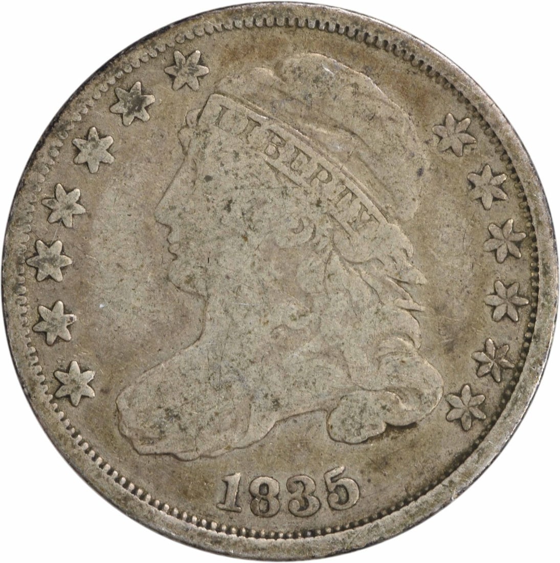 1835 Capped Bust Silver Dime 10C VG Uncertified Philadelphia Mint: 1835 Capped Bust Silver Dime 10C VG Uncertified Philadelphia Mint This 1835 Capped Bust Silver Dime features a beautiful design by John Reich, showcasing the classic capped bust of Liberty. It is grad