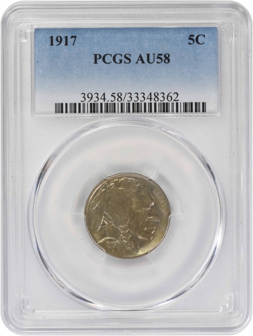 1917 Philadelphia Buffalo Nickel Graded AU58 by PCGS: 1917 Philadelphia Buffalo Nickel Graded AU58 by PCGS This 1917 Buffalo Nickel from the Philadelphia Mint is graded AU58 by PCGS. Designed by James Earle Fraser, the coin is composed of 75% copper and 