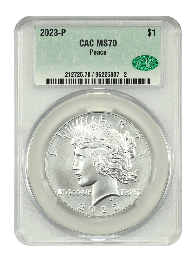 2023 Peace Dollar CACG Graded MS70 Uncirculated $1 Coin: 2023 Peace Dollar CACG Graded MS70 Uncirculated $1 Coin This 2023 $1 Peace Dollar is a modern commemorative coin certified by CACG with a grade of MS70. Struck in Philadelphia, it is uncirculated and 
