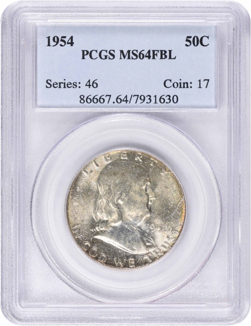1954 Franklin Half Dollar 90 Percent Silver PCGS MS64FBL Graded Coin: 1954 Franklin Half Dollar 90 Percent Silver PCGS MS64FBL Graded Coin This 1954 Franklin Half Dollar is composed of 90% silver and 10% copper. Graded MS64FBL by PCGS, it is an uncirculated coin minted 