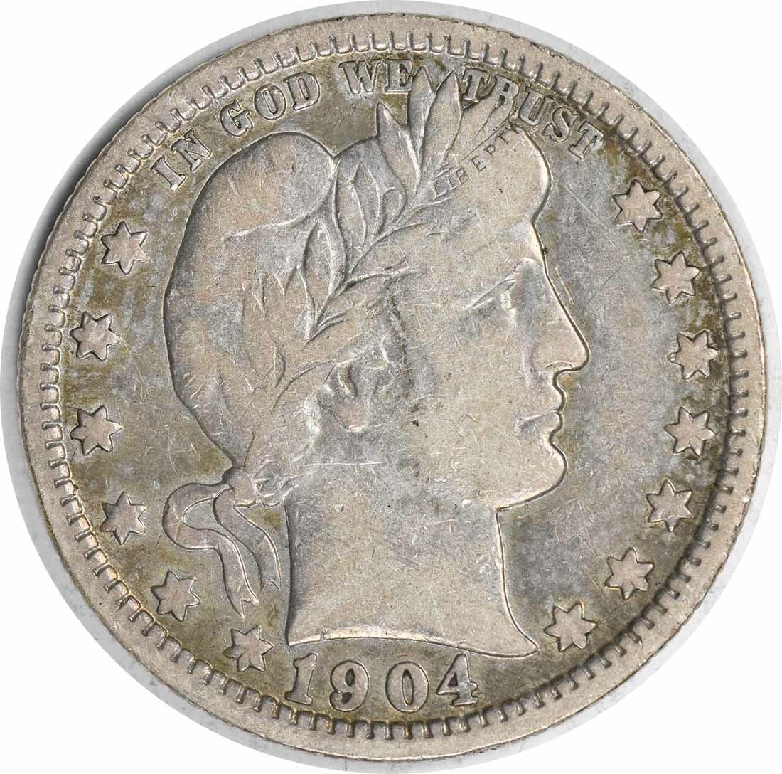1904-O Barber Silver Quarter VF Uncertified 25C New Orleans Mint: 1904-O Barber Silver Quarter VF Uncertified 25C New Orleans Mint This 1904-O Barber Silver Quarter is a remarkable piece of numismatic history, featuring a design by renowned engraver Charles E. Barbe