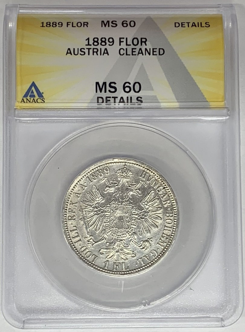Austria 1889 Silver 1 Florin ANACS MS 60 Details Cleaned Certified Coin: Austria 1889 Silver 1 Florin ANACS MS 60 Details Cleaned Certified Coin This 1889 Austria 1 Florin coin is composed of silver and has been graded MS 60 Details by ANACS. The coin has been cleaned and 