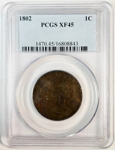 1802 Draped Bust Large Cent PCGS XF45 Brown Copper Coin: 1802 Draped Bust Large Cent PCGS XF45 Brown Copper Coin This 1802 Draped Bust Large Cent is graded XF-45 BN (Brown) by PCGS. Struck in copper at the Philadelphia Mint, this circulated coin is a classi