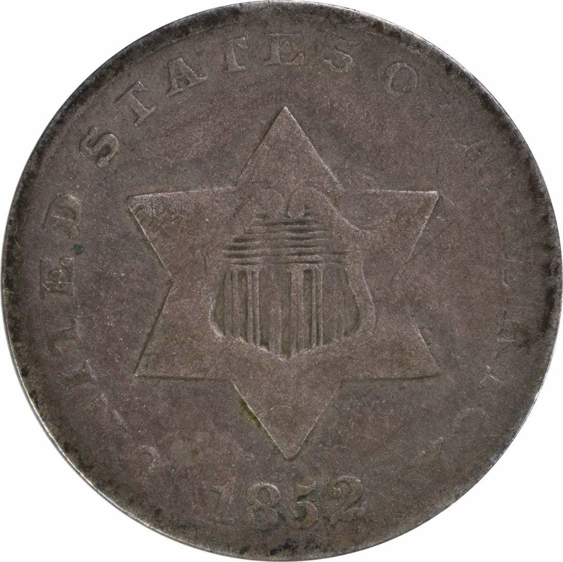 1852 Three Cent Silver Coin Uncertified F Grade KM 75: 1852 Three Cent Silver Coin Uncertified F Grade KM 75 This 1852 Three Cent Silver coin is a historic piece minted in Philadelphia. It features a composition of 75% silver and 25% copper, with a grade 