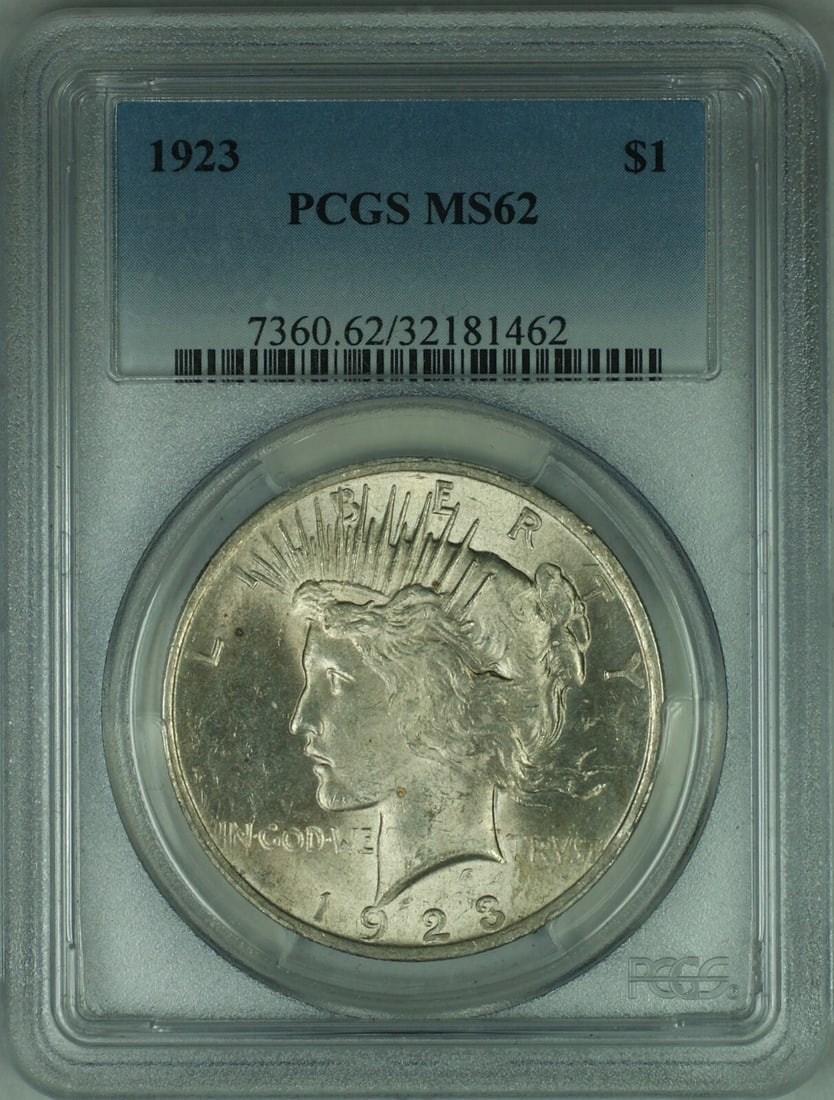 PCGS MS62 1923 Peace Dollar Silver Coin Philadelphia Mint: PCGS MS62 1923 Peace Dollar Silver Coin Philadelphia Mint This 1923 Peace Silver Dollar is graded MS-62 by PCGS and was minted in Philadelphia. It features the iconic Peace design and is composed of s