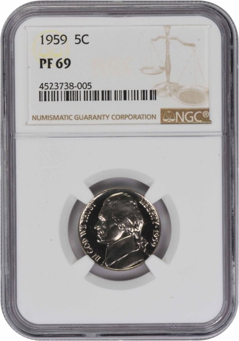 1959 Proof Jefferson Nickel Graded PR69 by NGC: 1959 Proof Jefferson Nickel Graded PR69 by NGC This 1959 Jefferson Nickel is graded PR69 by NGC, indicating a proof strike with exceptional quality. The coin is composed of 75% copper and 25% nickel a