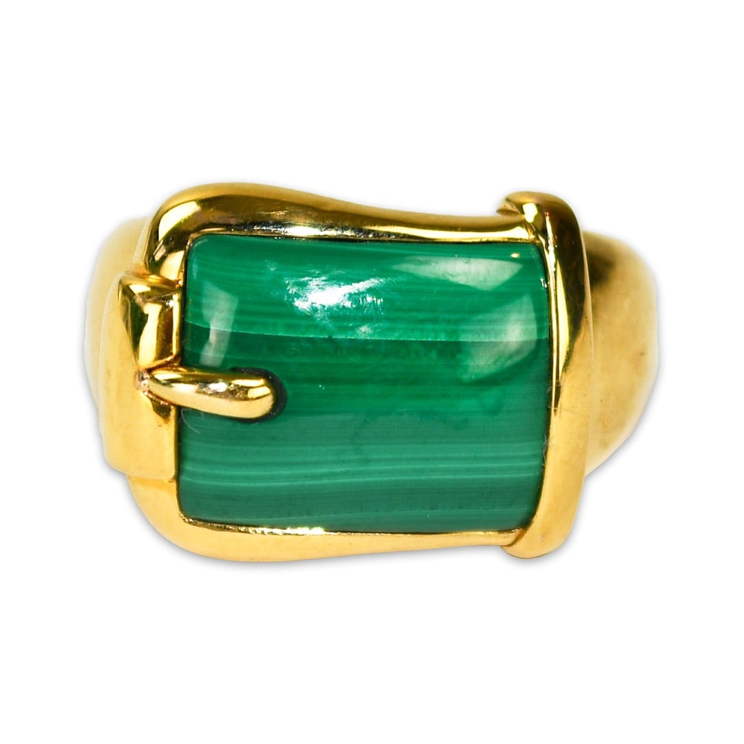 Malachite Buckle Design 14k Yellow Gold Cocktail Ring Size 8: Malachite Buckle Design 14k Yellow Gold Cocktail Ring Size 8 This men's ring features a natural malachite stone set in 14k yellow gold with a distinctive buckle design. The ring is stamped 14k and has