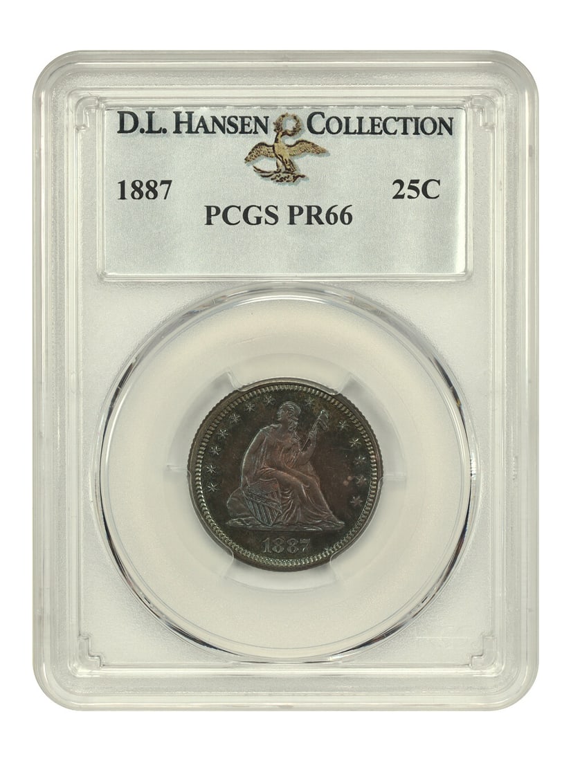 1887 Liberty Seated Quarter PCGS PR66 Low Mintage 710 Pieces: 1887 Liberty Seated Quarter PCGS PR66 Low Mintage 710 Pieces Presenting an exquisite 1887 Liberty Seated Quarter, certified by PCGS with a PR66 grade, signifying its uncirculated condition. This coin 