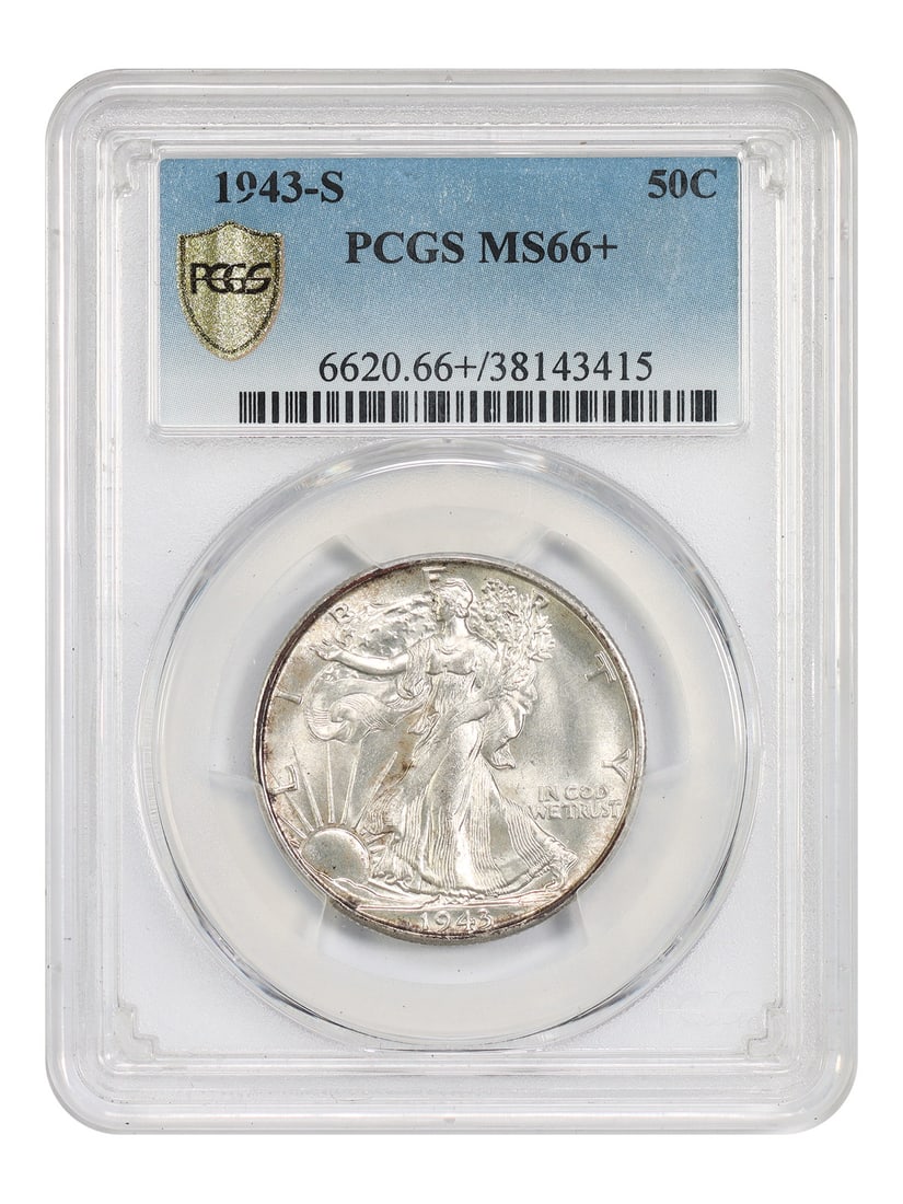 PCGS MS66 Plus 1943 San Francisco Walking Liberty Half Dollar: PCGS MS66 Plus 1943 San Francisco Walking Liberty Half Dollar This 1943-S Walking Liberty Half Dollar is graded MS66+ by PCGS and remains uncirculated. Struck at the San Francisco Mint, it is part of 