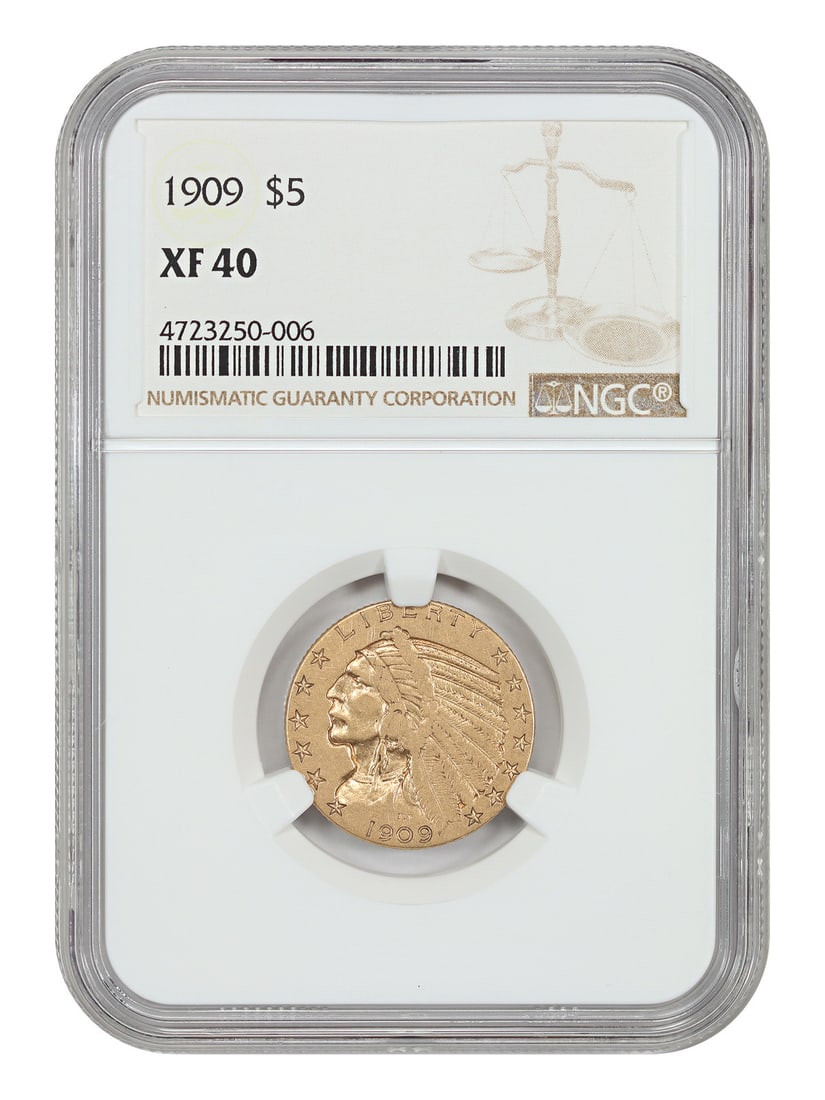 1909 Indian Head Five Dollar Gold Coin NGC XF40 Certified: 1909 Indian Head Five Dollar Gold Coin NGC XF40 Certified This 1909 Indian $5 gold coin features Bela Lyon Pratt's iconic incuse design. Certified by NGC with a grade of XF40, this circulated coin is 