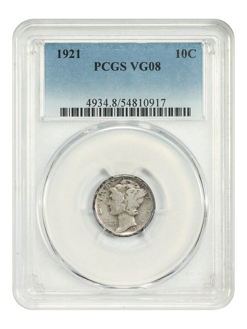 1921 Mercury Dime PCGS VG08 Philadelphia Key Date 10 Cent Coin: 1921 Mercury Dime PCGS VG08 Philadelphia Key Date 10 Cent Coin This 1921 Mercury Dime is a popular key date coin, certified by PCGS with a grade of VG08. It was minted in Philadelphia and is a circula
