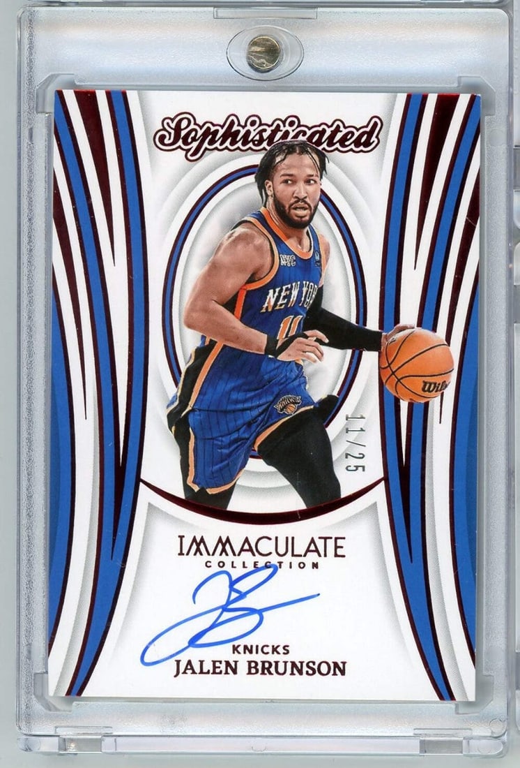 Jalen Brunson Immaculate NBA Panini Autographed Card Serial Numbered to 25: Jalen Brunson Immaculate NBA Panini Autographed Card Serial Numbered to 25 This is a 2023 Panini Immaculate Jalen Brunson #SSSJBN Sophisticated Auto Card, limited to 25 copies. The card features an au