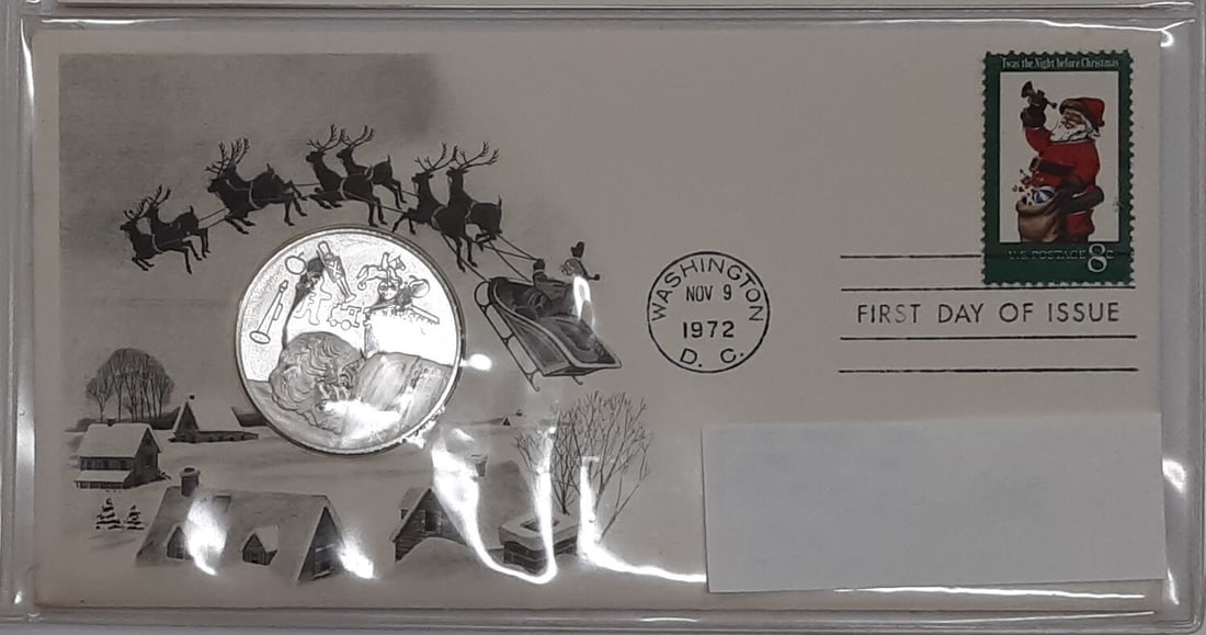 Franklin Mint 1972 Christmas Proof Sterling Silver Medal in First Day Cover: Franklin Mint 1972 Christmas Proof Sterling Silver Medal in First Day Cover This 1972 Postmasters of America Christmas medal by Franklin Mint is crafted in 0.925 fine sterling silver. Presented in a F