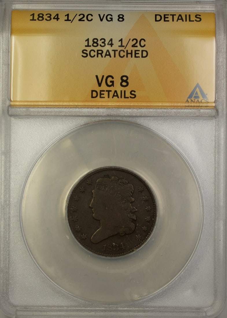 1834 Classic Head Half Cent Copper Coin ANACS VG 8 Details Scratched: 1834 Classic Head Half Cent Copper Coin ANACS VG 8 Details Scratched This 1834 Classic Head Half Cent from the United States features the Classic Head design and was minted in Philadelphia. Composed o