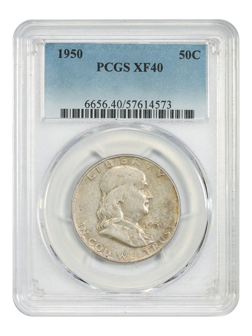 1950 Franklin Half Dollar PCGS XF40 Philadelphia 50C Coin: 1950 Franklin Half Dollar PCGS XF40 Philadelphia 50C Coin This is a 1950 Franklin Half Dollar graded XF40 by PCGS. The coin is circulated and was minted in Philadelphia. It belongs to the Franklin Hal