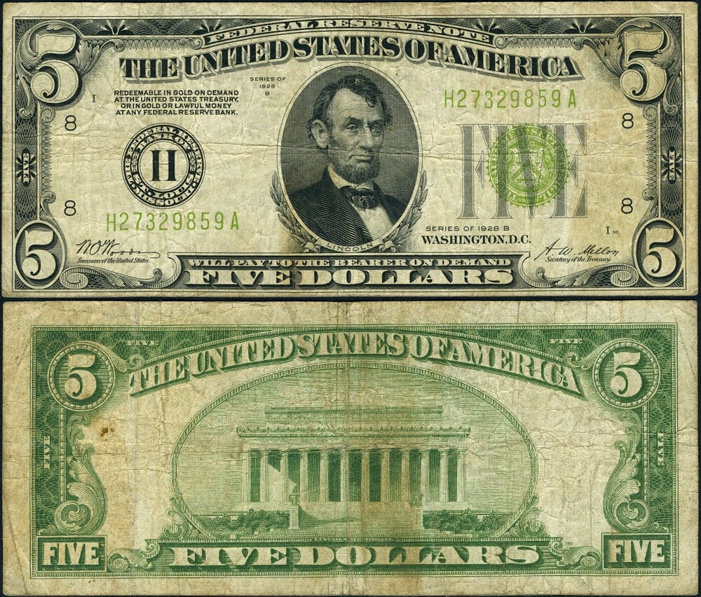 1928-B $5 Federal Reserve Note St Louis Light Green Seal Fine: 1928-B $5 Federal Reserve Note St Louis Light Green Seal Fine This is a 1928-B $5 Federal Reserve Note from St. Louis H-A Block, Light Green Seal (LGS) variety. The note is circulated and graded as Fi