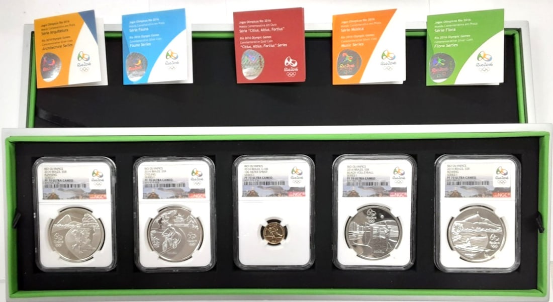 Set of 5 Brazil 2014 Olympic Proof Coins NGC PF70 With COAs and Original Packaging: Set of 5 Brazil 2014 Olympic Proof Coins NGC PF70 With COAs and Original Packaging This set features five commemorative coins from the 2014 Rio Olympic Games, including four sterling silver 5 Reais co