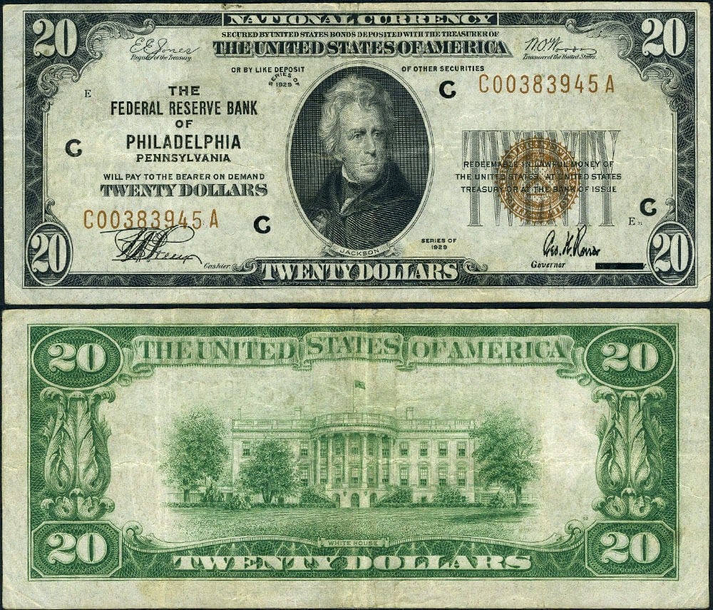 1929 $20 Federal Reserve Bank Note Philadelphia C-A Block XF: 1929 $20 Federal Reserve Bank Note Philadelphia C-A Block XF This $20 Federal Reserve Bank Note from 1929 features the C-A block and is issued by the Philadelphia branch. It is a circulated note with 