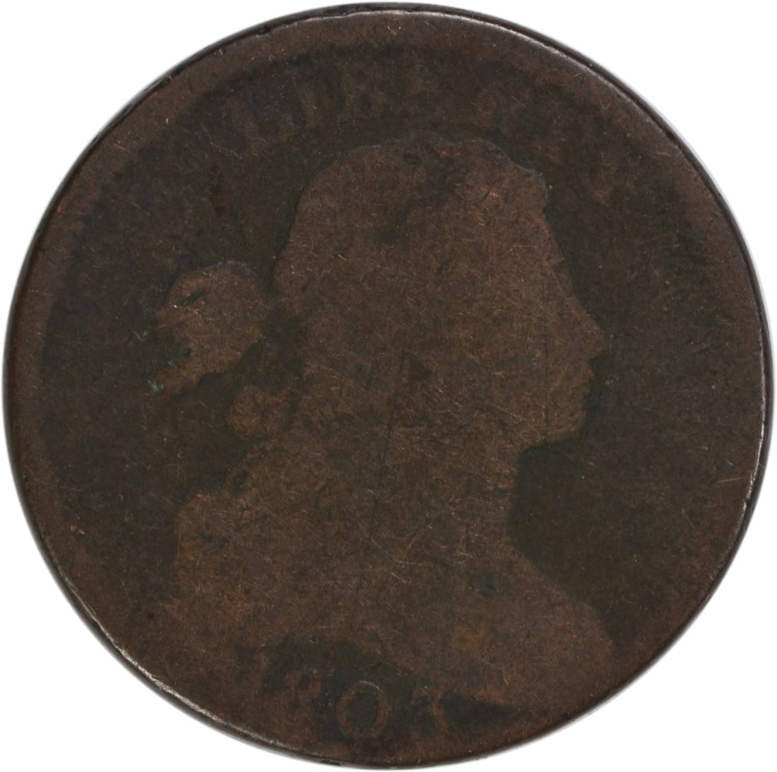 1803 Draped Bust Large Cent AG Copper Uncertified: 1803 Draped Bust Large Cent AG Copper Uncertified This 1803 Large Cent features the Draped Bust design, crafted in copper and minted in Philadelphia. It has a diameter of 28.00 millimeters and weighs 