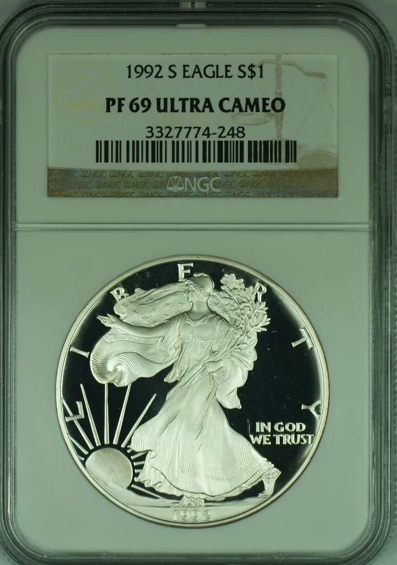 NGC Certified 1992-S Silver Eagle Proof Dollar PF 69 Ultra Cameo: NGC Certified 1992-S Silver Eagle Proof Dollar PF 69 Ultra Cameo This 1992-S American Proof Silver Eagle features a $1 denomination and has been graded PF 69 Ultra Cameo by NGC. Struck in proof qualit