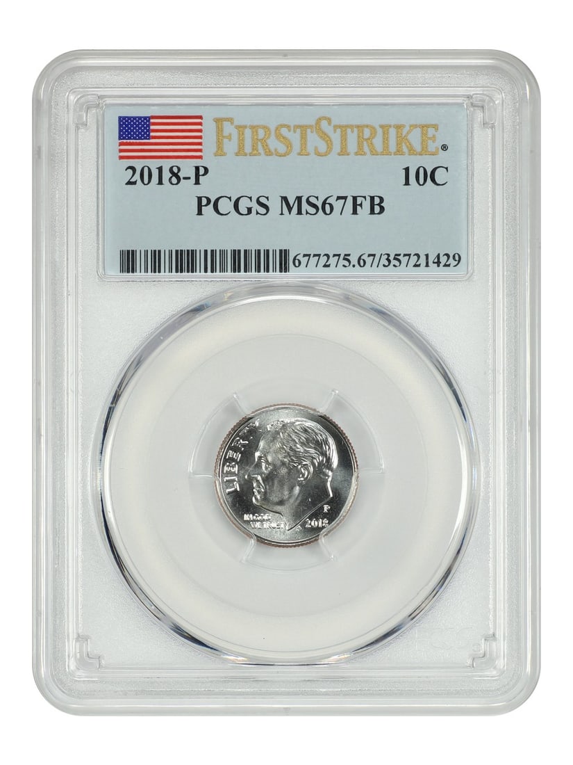 PCGS MS67FB First Strike 2018 Philadelphia Roosevelt Dime 10C: PCGS MS67FB First Strike 2018 Philadelphia Roosevelt Dime 10C This is a 2018-P Roosevelt Dime graded MS67FB (Full Bands) by PCGS with First Strike designation. The coin is uncirculated and was struck 