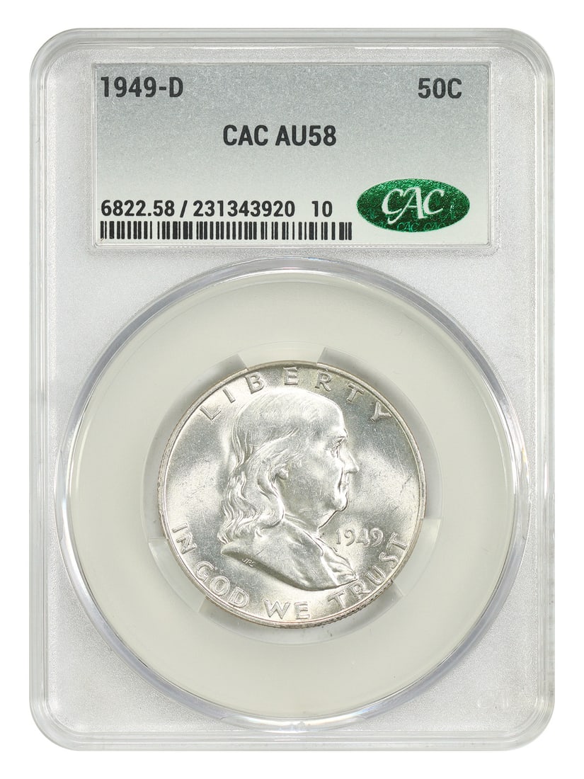CACG Graded AU58 1949-D Franklin Half Dollar 50C Coin: CACG Graded AU58 1949-D Franklin Half Dollar 50C Coin This is a 1949-D Franklin Half Dollar graded AU58 by CACG. Minted in Denver, this circulated 50-cent coin is part of the Franklin Half Dollar seri