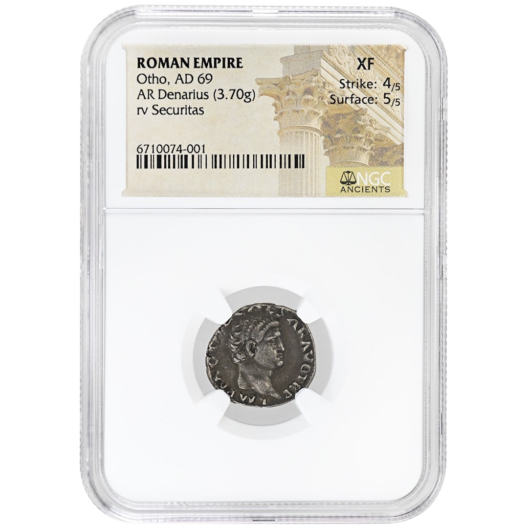 Otho Silver Denarius Roman Empire NGC Certified XF AD 69 Rare: Otho Silver Denarius Roman Empire NGC Certified XF AD 69 Rare This rare AR Denarius from the Roman Empire was minted during the reign of Otho in AD 69. Composed of silver, the coin is graded XF (Extre