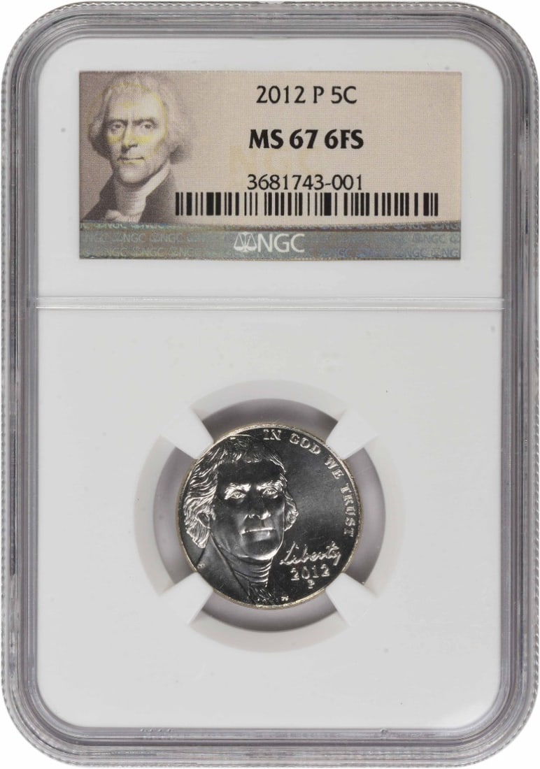 NGC MS67 2012 Philadelphia Jefferson Nickel With 6 Full Steps: NGC MS67 2012 Philadelphia Jefferson Nickel With 6 Full Steps This 2012-P Jefferson Nickel is graded MS67 with 6 Full Steps by NGC. Struck at the Philadelphia Mint, it features a composition of 75% co