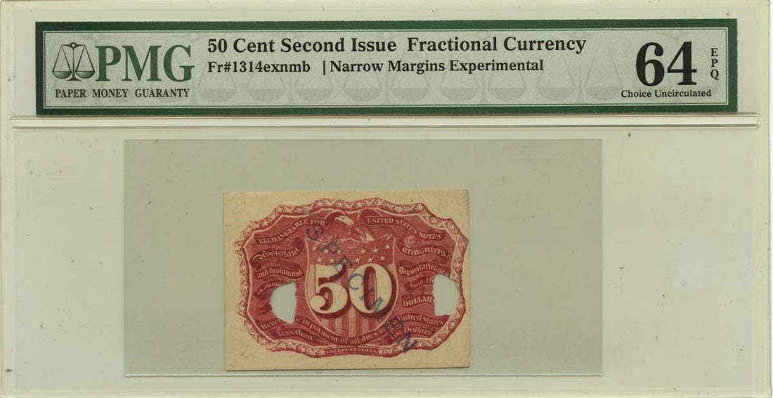 PMG CU64 EPQ 50 Cents Fractional Currency Second Issue FR#1314: PMG CU64 EPQ 50 Cents Fractional Currency Second Issue FR#1314 This is a Fractional Currency Second Issue 50 Cents note, designated as FR#1314. It has been certified by PMG with a grade of CU64 EPQ, i