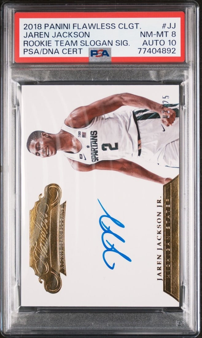 Jaren Jackson Jr 2018 Flawless Collegiate Rookie Auto PSA 8 2/25: Jaren Jackson Jr 2018 Flawless Collegiate Rookie Auto PSA 8 2/25 This collectible features the Jaren Jackson Jr. 2018 Flawless Collegiate Rookie Slogan Autograph Basketball Card, graded PSA 8. This ca