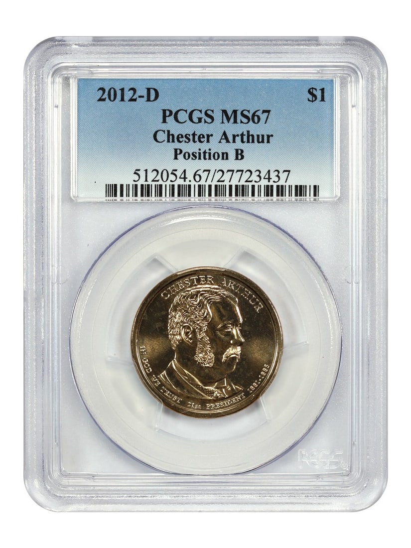 Chester Arthur 2012-D Presidential Dollar PCGS MS67 Position B: Chester Arthur 2012-D Presidential Dollar PCGS MS67 Position B This 2012-D $1 Chester Arthur Presidential Dollar is graded MS67 by PCGS and features the Position B variety. Struck at the Denver Mint, 