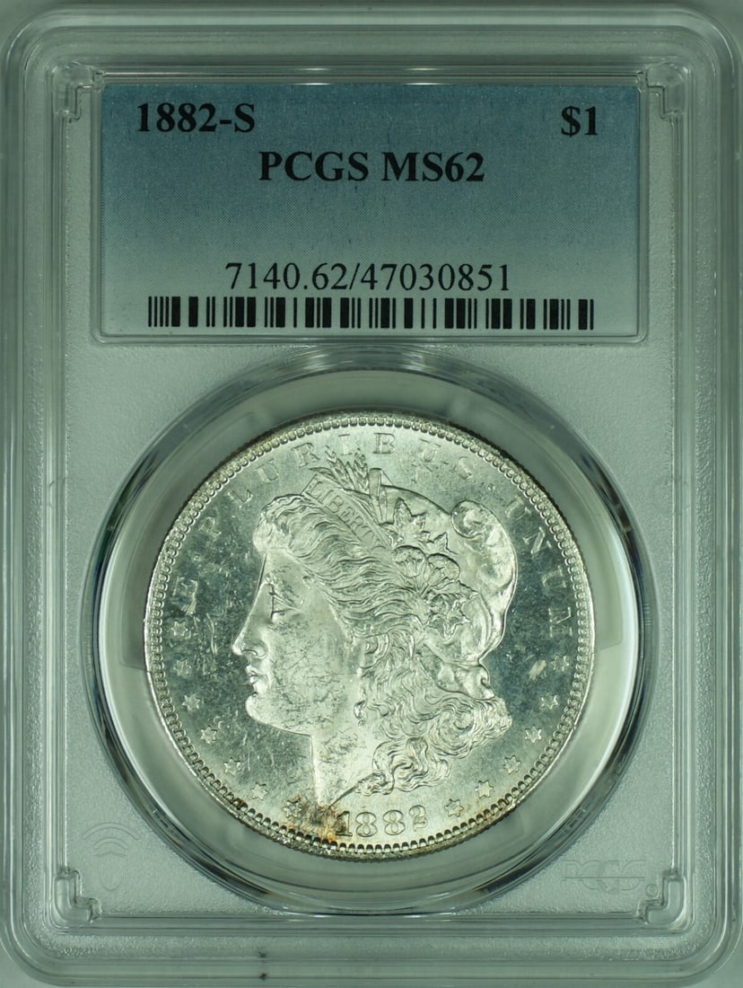 PCGS MS62 1882-S San Francisco Morgan Silver Dollar $1 Coin: PCGS MS62 1882-S San Francisco Morgan Silver Dollar $1 Coin This is an 1882-S Morgan Silver Dollar coin, certified by PCGS with a grade of MS-62. Minted in San Francisco, the coin is composed of 90% s