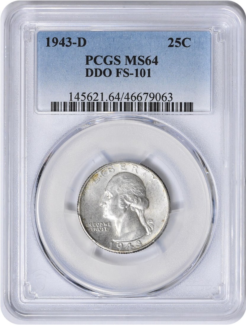1943-D Washington Quarter DDO MS64 PCGS 90% Silver Coin: 1943-D Washington Quarter DDO MS64 PCGS 90% Silver Coin This 1943-D Washington Quarter is a remarkable collectible, certified by PCGS with a grade of MS64, indicating it is uncirculated and in excelle