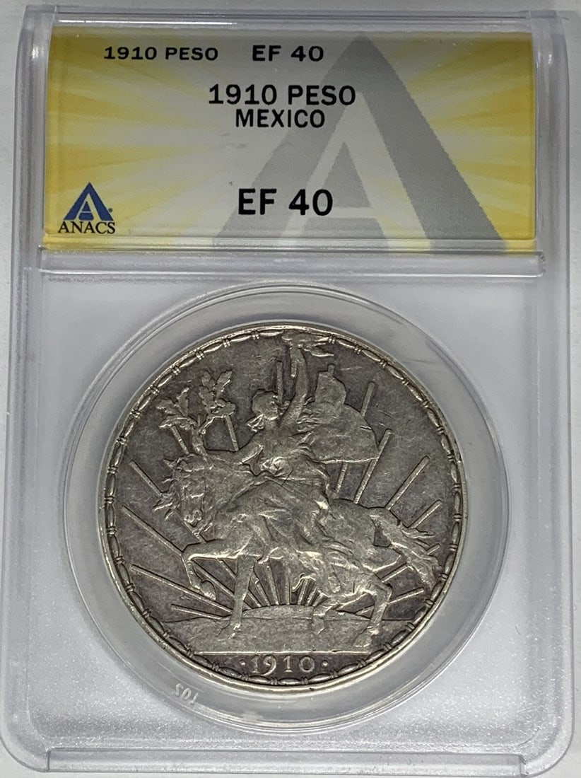 1910 Silver 5 Pesos Coin from Mexico ANACS XF 40 Certified: 1910 Silver 5 Pesos Coin from Mexico ANACS XF 40 Certified This 1910 Mexico Peso coin is certified by ANACS with a grade of XF 40. It is a circulated silver coin from Mexico, dating from the historica