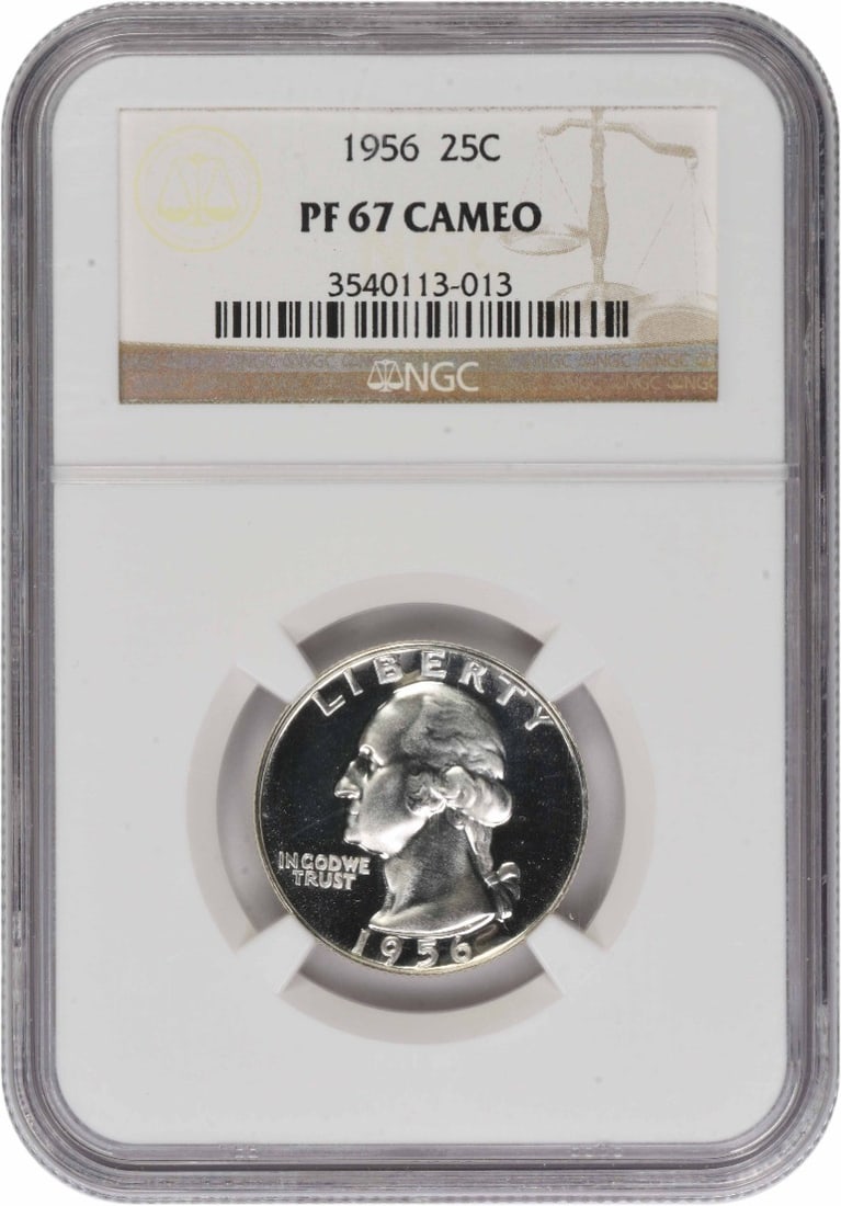 NGC PR67CAM 1956 Proof Washington 25C Silver Quarter: NGC PR67CAM 1956 Proof Washington 25C Silver Quarter This is a 1956 Washington Quarter, graded PR67CAM by NGC. It is a proof strike coin minted in Philadelphia, composed of 90% silver and 10% copper. 