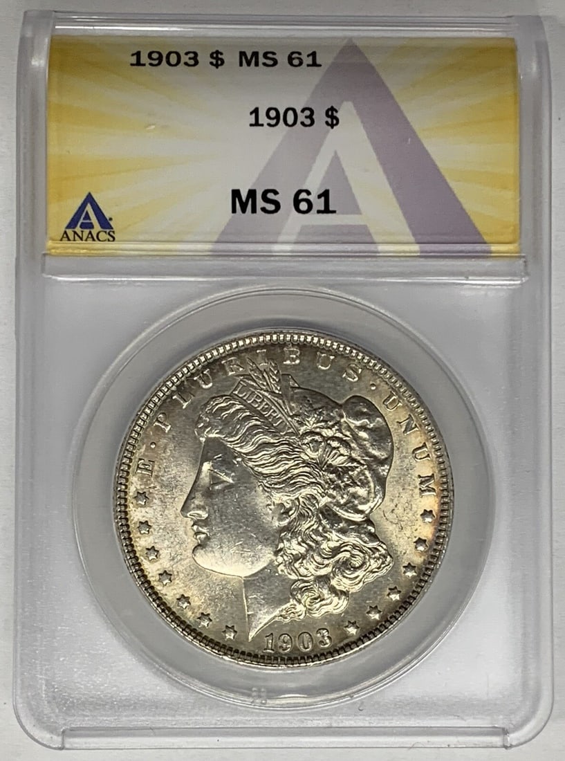 1903 Morgan Dollar Silver Coin ANACS Certified MS 61 Uncirculated: 1903 Morgan Dollar Silver Coin ANACS Certified MS 61 Uncirculated This 1903 Morgan Silver Dollar coin from the United States is certified by ANACS and graded MS 61. Struck in Philadelphia, it features