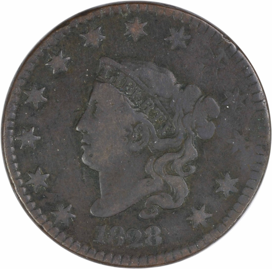 1828 Coronet Head Large Cent Copper Coin VG Grade Uncertified: 1828 Coronet Head Large Cent Copper Coin VG Grade Uncertified This 1828 Large Cent features the Coronet Head design by Robert Scot and is composed of copper. Struck at the Philadelphia Mint, this circ