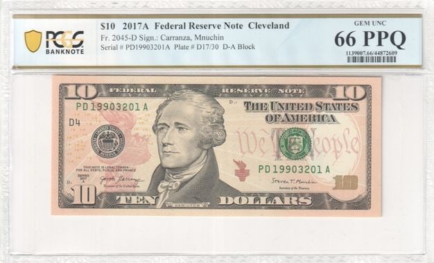 PCGS GEM 66 PPQ 2017A Ten Dollar Cleveland Federal Reserve Note: PCGS GEM 66 PPQ 2017A Ten Dollar Cleveland Federal Reserve Note This 2017A $10 Federal Reserve Note from Cleveland is certified by PCGS Banknote with a GEM 66 PPQ grade. The note is uncirculated and o