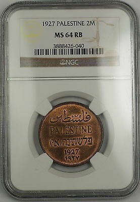 NGC MS-64 RB 1927 Palestine Bronze 2 Mils Uncirculated Coin: NGC MS-64 RB 1927 Palestine Bronze 2 Mils Uncirculated Coin This 1927 Palestine 2 Mils coin is certified by NGC with a grade of MS-64 and features a red-brown (RB) color. Composed of bronze, this unci